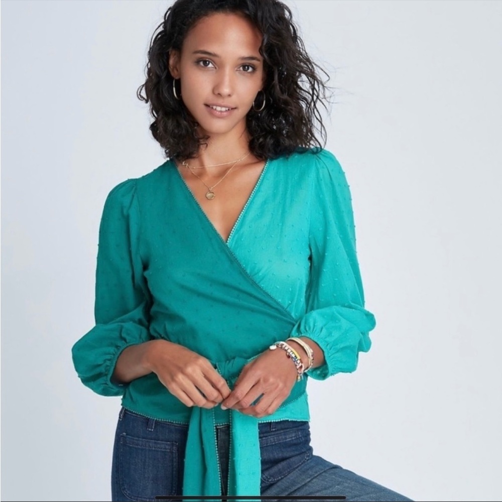 Farm Rio for Anthropologie Turquoise Color blocked Wrap Blouse size medium